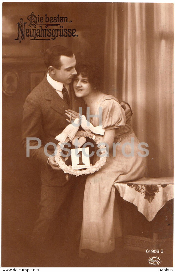 New Year Greeting Card - Die Besten Neujahrsgrusse - couple - Amag 61958/3 - old postcard - 1918 - Germany - used - JH Postcards