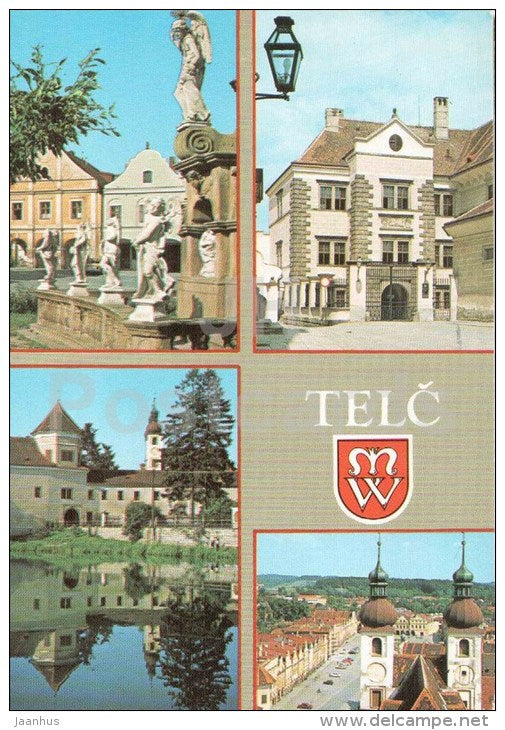 Telc - castle - town views - architecture - Czechoslovakia - Czech - used 1989 - JH Postcards