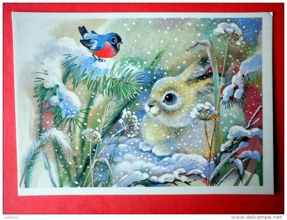 New Year greeting card - by T. Zhebelyeva - bullfinch - bird - hare - 1988 - Russia USSR - unused - JH Postcards