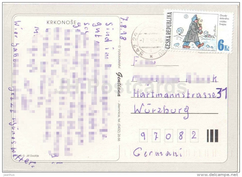 Krkonose - multi views - stamp Svejk - Czech - used 1998 - JH Postcards