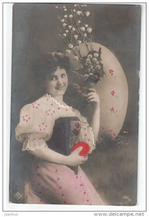Easter Greeting Card - Woman - Egg - 1163/64 - old postcard - circulated in Tsarist Russia Estonia 1909 Reval - used - JH Postcards