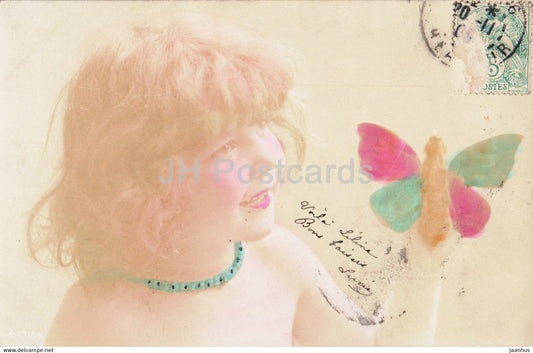 girl - butterfly - lychnogravure - 1278 - old postcard - France - used - JH Postcards