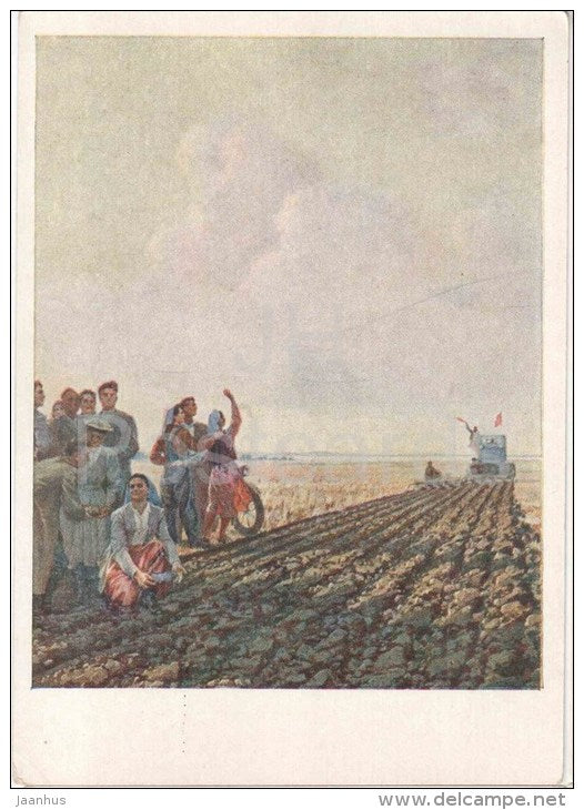 painting by S. Otroschenko - Virgin Soil Upturned - tractor - russian art - unused - JH Postcards