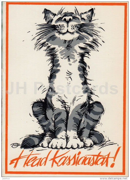 New Year Greeting Card by R. Järvi - Chinese Cat Year - illustration - Estonia USSR - used in 1987 - JH Postcards