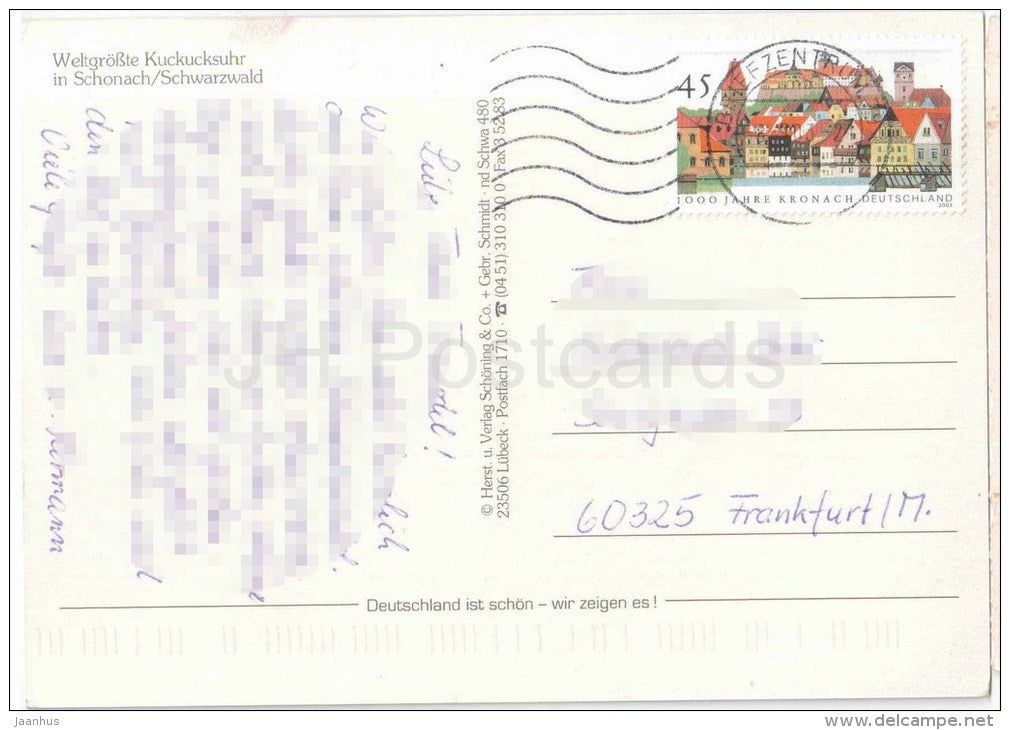 Schonach - Weltgrösste Kuckucksuhr - cuckoo clock - Germany - 2003 gelaufen - JH Postcards