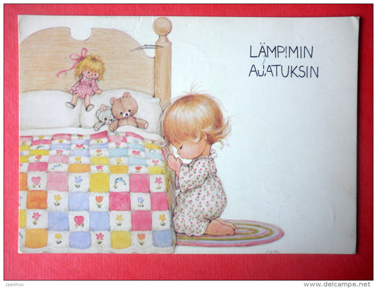 illustration - girl praying - teddybear - dolls - literature - 5240/4 - Finland - sent from Finland to Estonia USSR 1988 - JH Postcards