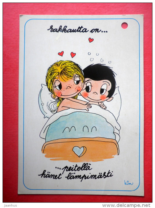 illustration by Kim - boy and girl in bed - 1970 - Belgium - circulated in Finland - JH Postcards