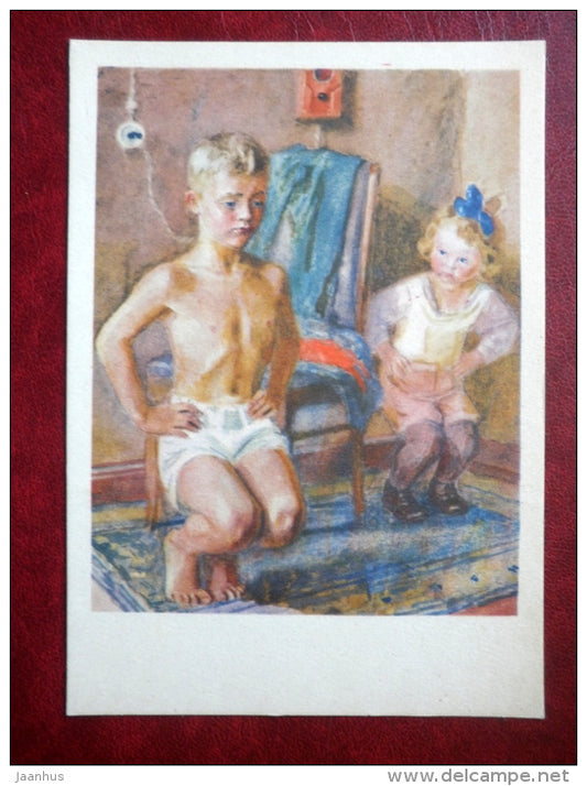 painting by A. Pakhomov - morning exercises - children - soviet art - unused - JH Postcards