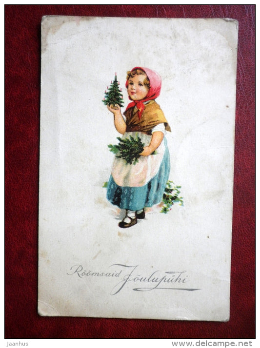Christmas Greeting Card - girl with little christmas tree - circulated in 1939  - Estonia - used - JH Postcards