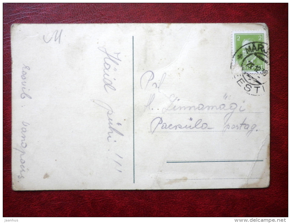 Christmas Greeting Card - girl with little christmas tree - circulated in 1939  - Estonia - used - JH Postcards