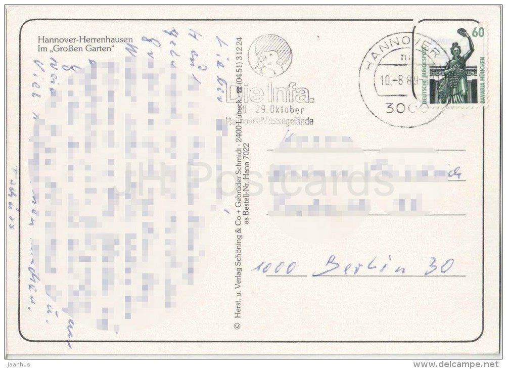 Hannover Schloß Herrenhausen im Großen Garten - Germany - 1989 gelaufen - JH Postcards