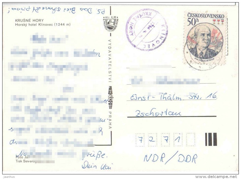 Krusne Hory - mountain hotel Klinovec - winter - Czechoslovakia - Czech - used 1983 - JH Postcards