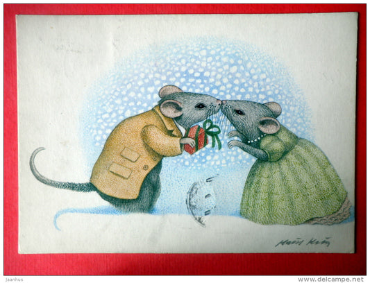 Christmas Greeting Card - mouse - gift - book - Finland - sent from Finland to Estonia USSR 1985 - JH Postcards