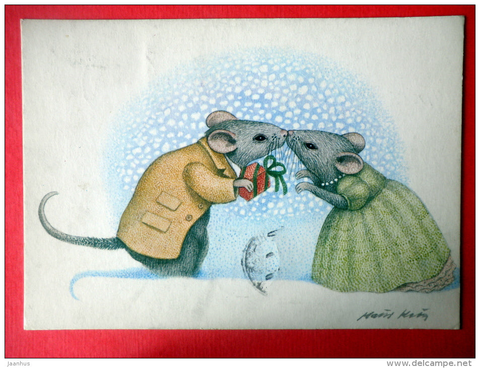 Christmas Greeting Card - mouse - gift - book - Finland - sent from Finland to Estonia USSR 1985 - JH Postcards