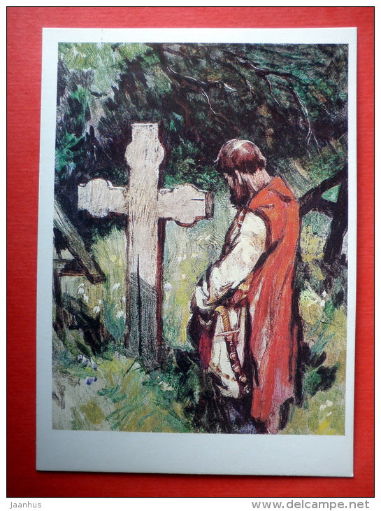 illustration by I. Ushakov - on the grave - cross - Stepan Razin by S. Zlobin - 1989 - Russia - unused - JH Postcards