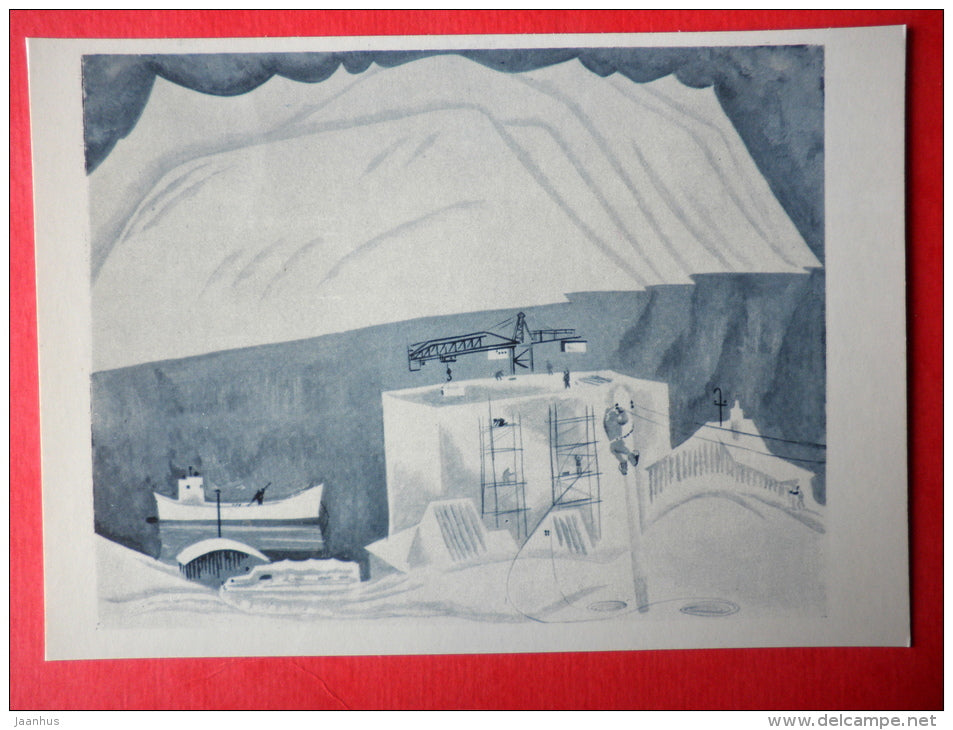 illustration by Vitaly Petrov - All in the snow at Komsomolskaya Bay - Chukotka - crane - 1977 - Russia USSR - unused - JH Postcards
