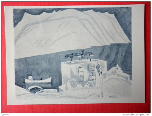 illustration by Vitaly Petrov - All in the snow at Komsomolskaya Bay - Chukotka - crane - 1977 - Russia USSR - unused - JH Postcards