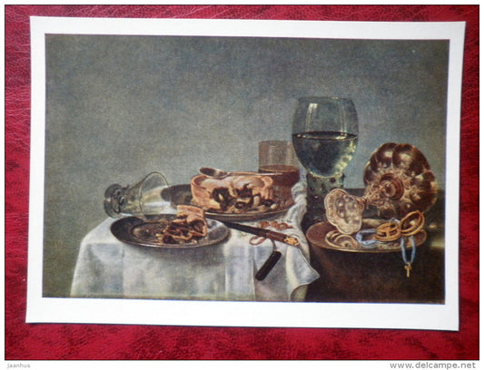 Painting by Willem Claeszoon Heda - Still Life. Breakfast with blackberry pie . 1631 - dutch art - unused - JH Postcards