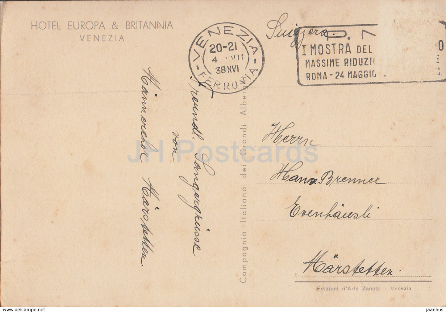 Venezia - Venise - Hôtel Europa &amp; Britannia - carte postale ancienne - 1938 - Italie - utilisé