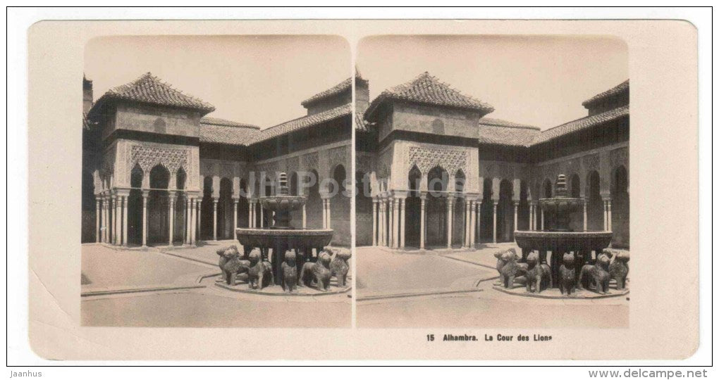 La Cour des Lions - Lion´s Court - Alhambra - Spain - stereo photo - stereoscopique - old photo - JH Postcards