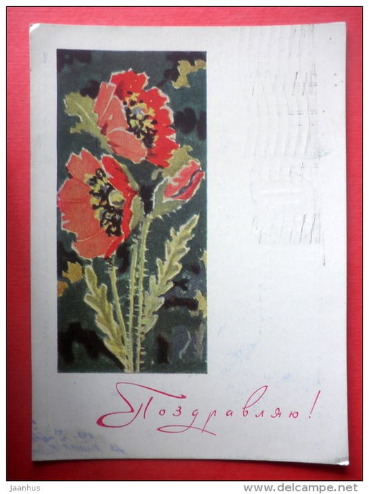 poppies - flowers - stationery card - 1964 - Russia USSR - used - JH Postcards