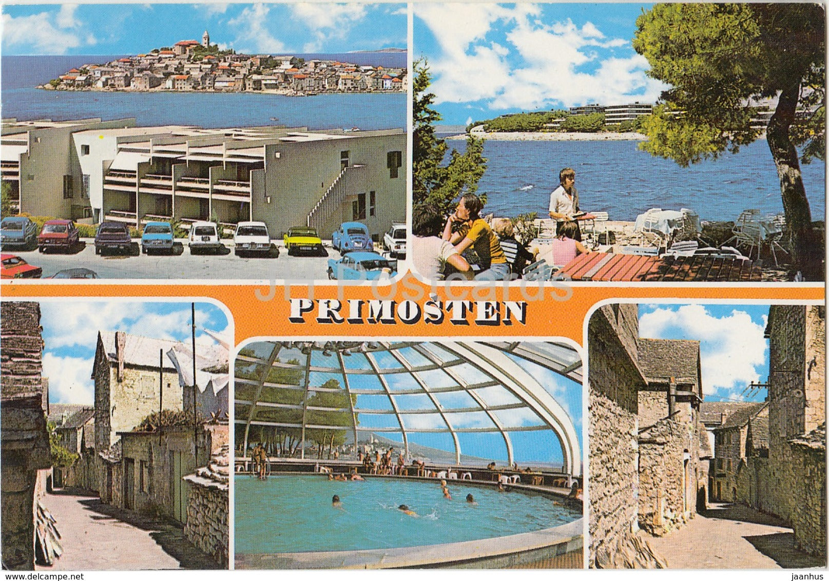 Primosten - old town - cars - pool - multiview - 1983 Croatia - Yugoslavia - used - JH Postcards