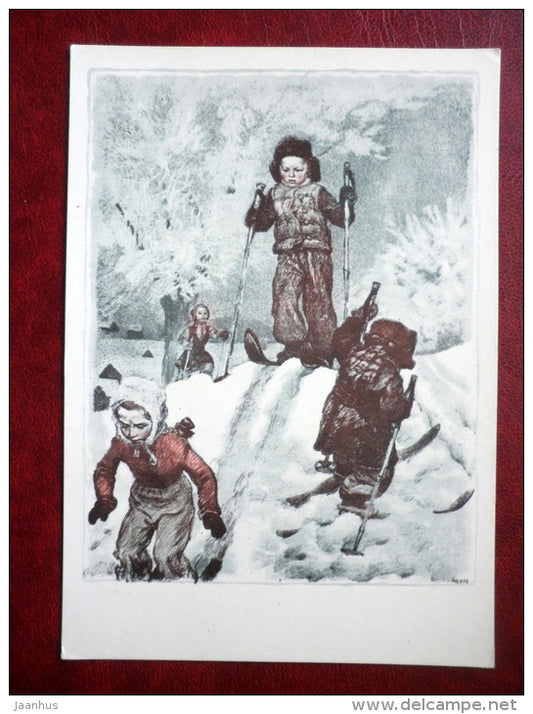 painting by A. F. Pakhomov - Skiers - children - winter - soviet art - unused - JH Postcards
