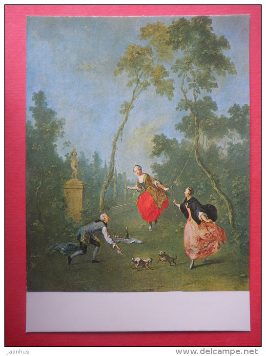 Painting by Norbert Grund - Lady on a Swing , about 1760 - dogs - bohemian art - unused - JH Postcards