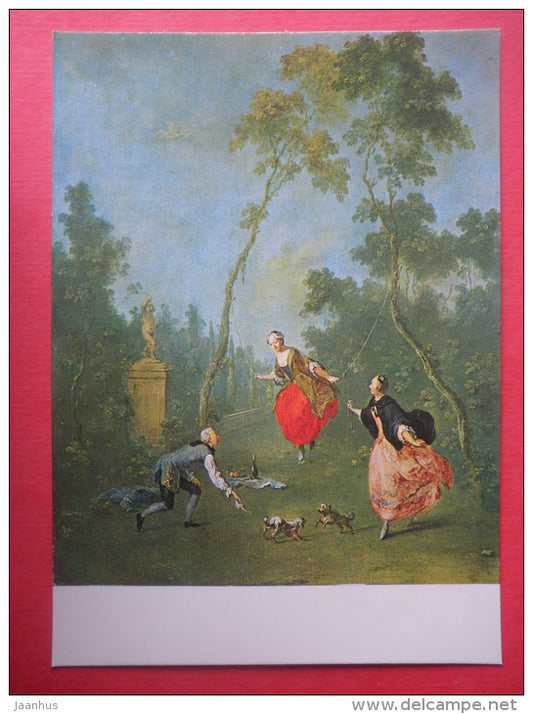 Painting by Norbert Grund - Lady on a Swing , about 1760 - dogs - bohemian art - unused - JH Postcards