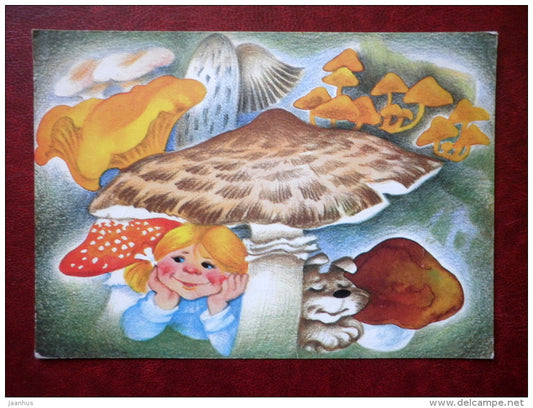 12 months - August - girl - dog - mushrooms - 1990 - Estonia USSR - used - JH Postcards
