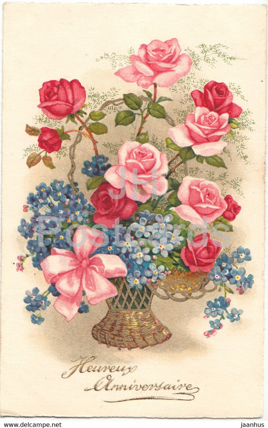Birthday Greeting Card - Heureux Anniversaire - flowers in a basket - 551 - illustration - old postcard - France - used - JH Postcards