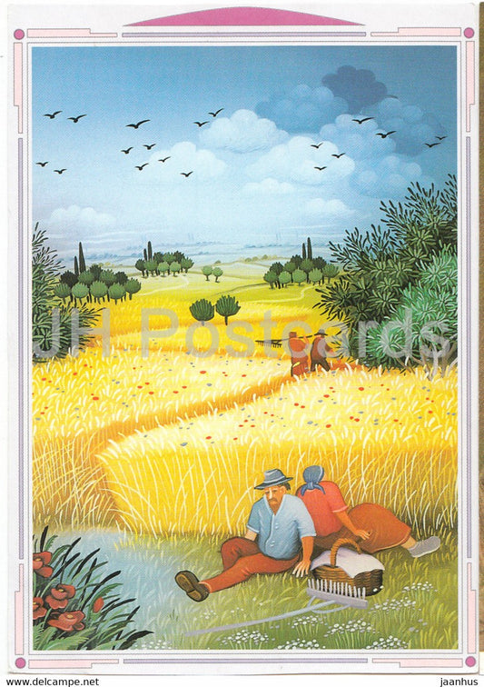 painting by Martin Dukin - Erntezeit - harvest time - Croatian art - Germany - unused - JH Postcards