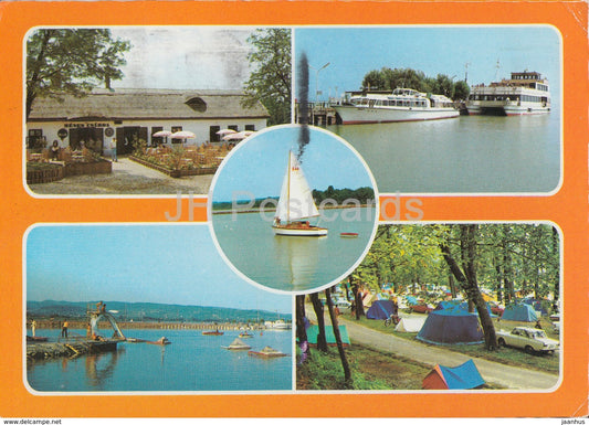 Greeting from lake Balaton - pub - sailing boat - camping - multiview - 1988 - Hungary - used - JH Postcards