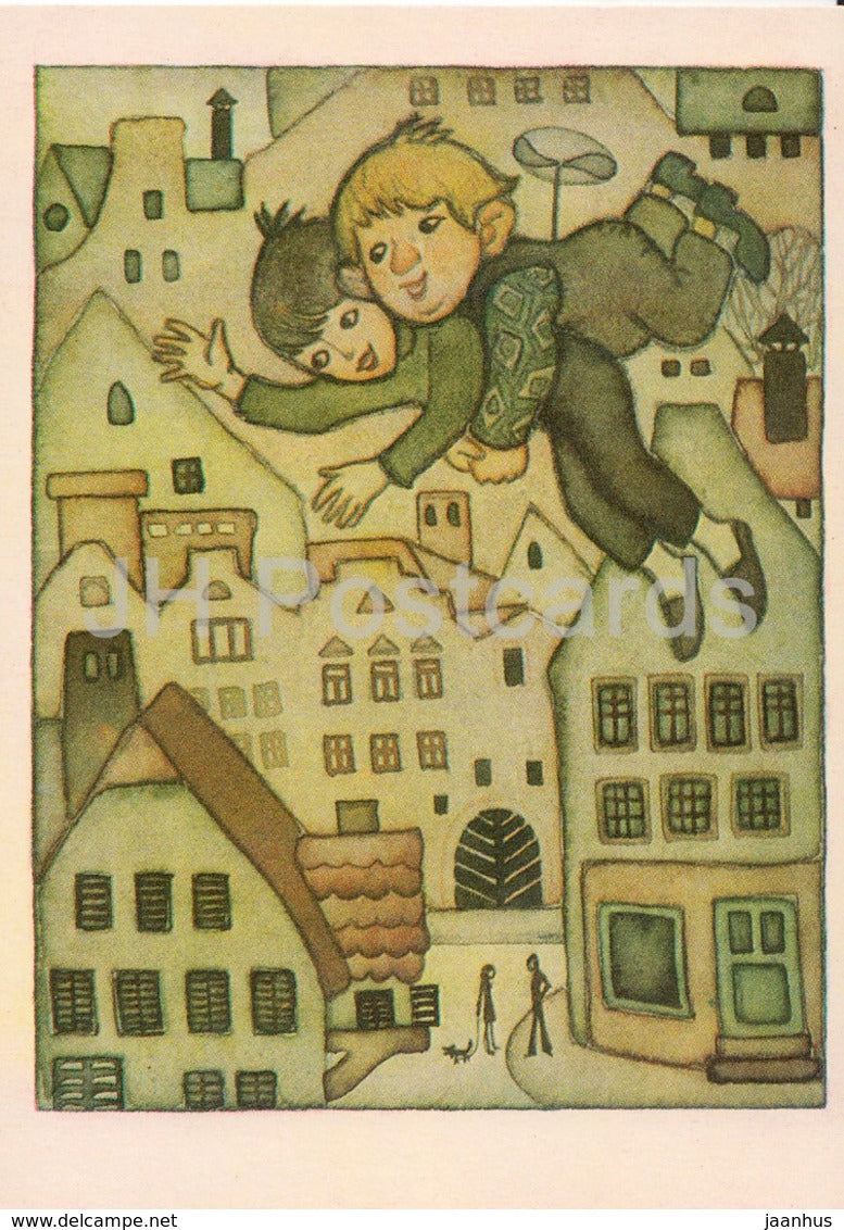 Karlsson-on-the-Roof by Astrid Lindgren - Karlsson - flying illustration by N. Poplavskaya - 1976 - Russia USSR - unused - JH Postcards