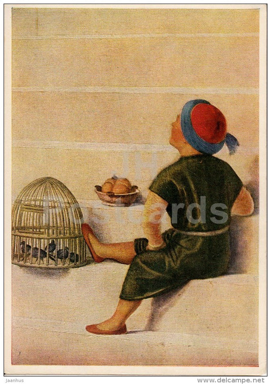 painting by Giovanni Battista Cima - Detail aus Mariae Tempelgang - bird cage - boy - Italian Art - Germany - unused - JH Postcards