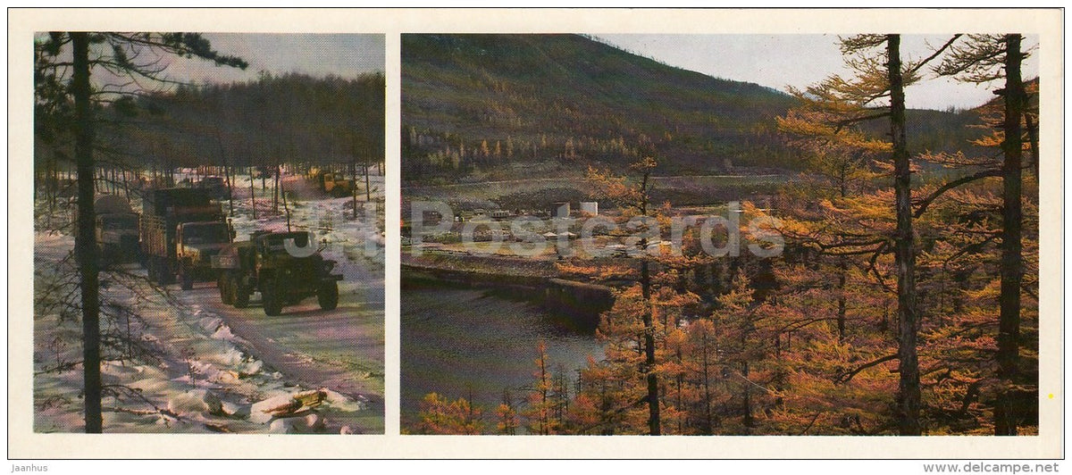 new village - trucks - BAM - Baikal-Amur Mainline , construction of the railway - 1983 - Russia USSR - unused - JH Postcards