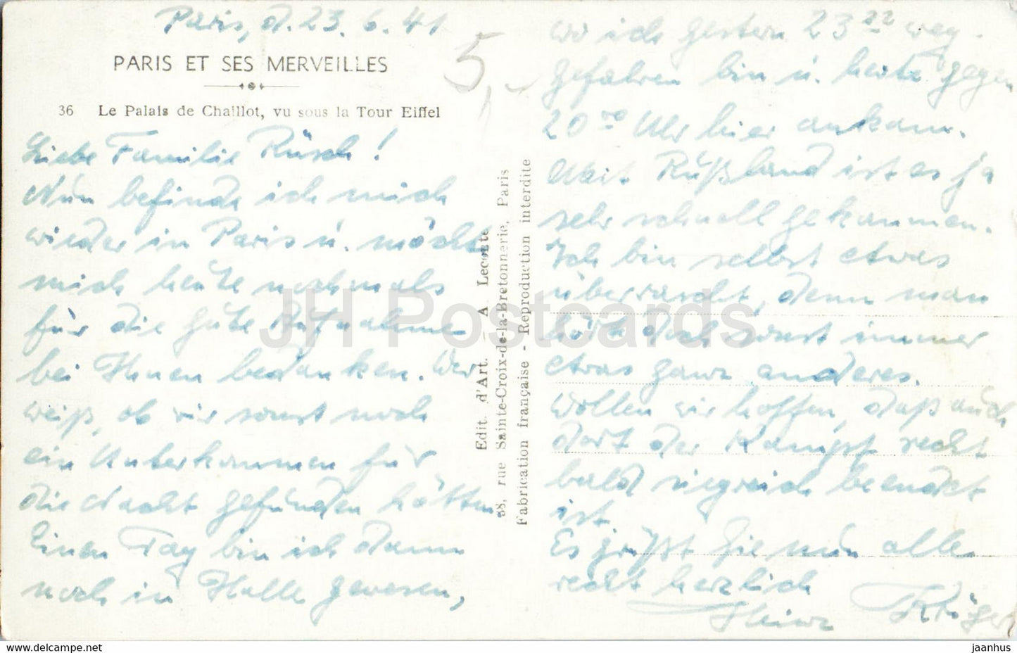 Paris - Le Palais de Chaillot vu sous la Tour Eiffel - 36 - carte postale ancienne - 1941 - France - occasion