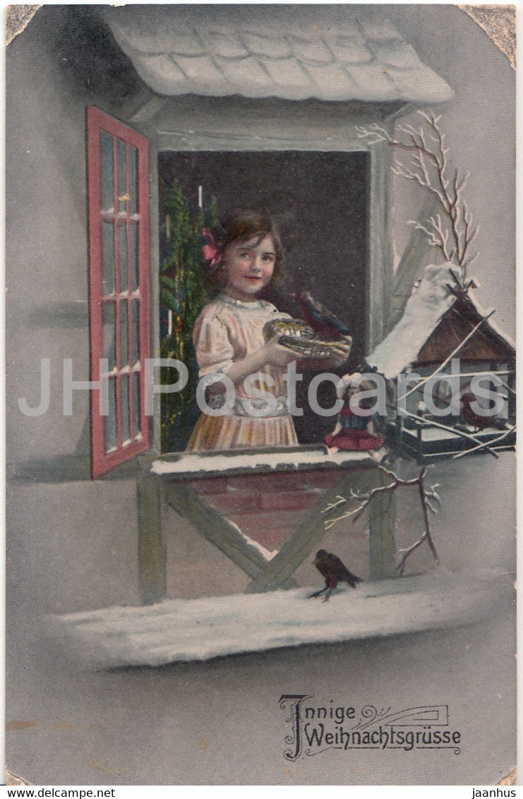 Christmas Greeting Card - Innige Weihnachtsgrusse - girl - window R & K L - Serie 2807/6 - old postcard - Germany - used - JH Postcards