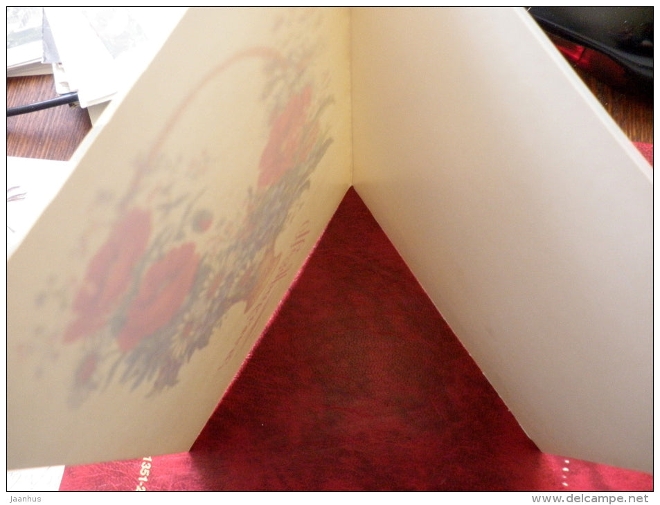 bithday greeting card - daisies - poppies - flowers - 1982 - Russia - USSR - unused - JH Postcards