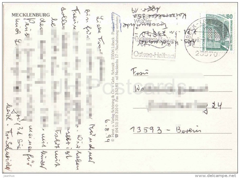 Mecklenburg Karte - map - Germany - 1994 gelaufen - JH Postcards