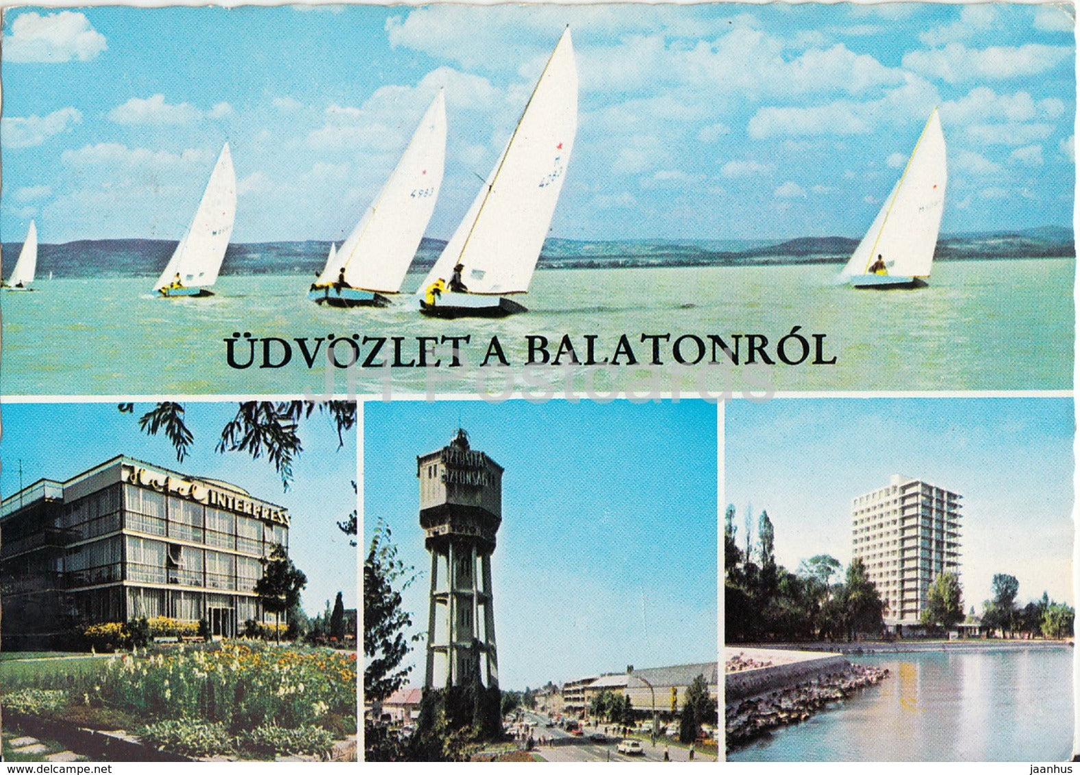 Greetings from the lake Balaton - sailing boat - hotel - lighthouse - multiview - 1970s - Hungary - used - JH Postcards