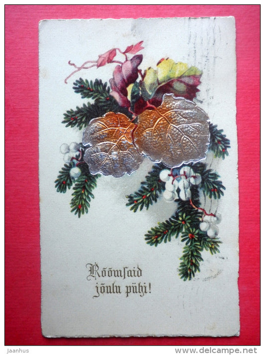 christmas greeting card - spruce branches - embossed - circulated in Estonia Tallinn 1920s - JH Postcards