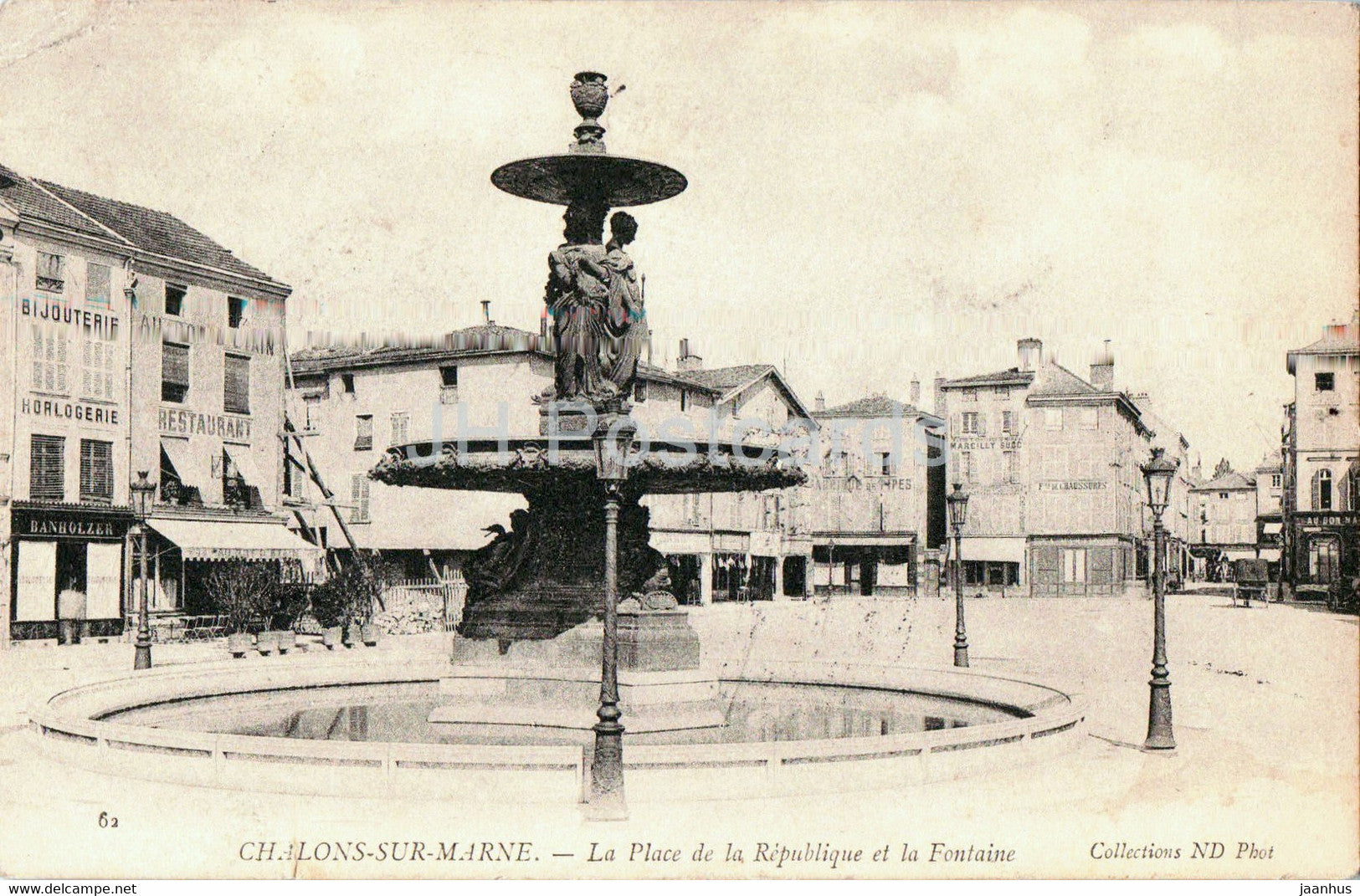 Chalons sur Marne - La Place de la Republique et la Fontaine - 62 - old postcard - 1908 - France - used - JH Postcards