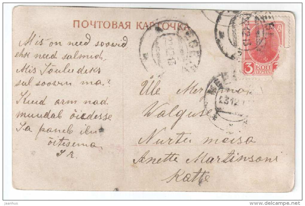 Christmas Greeting Card - man - christmas tree - EAS - old postcard - circulated in Tsarist Russia 1913 Estonia - used - JH Postcards