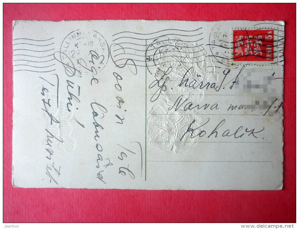 christmas greeting card - spruce branches - embossed - circulated in Estonia Tallinn 1920s - JH Postcards