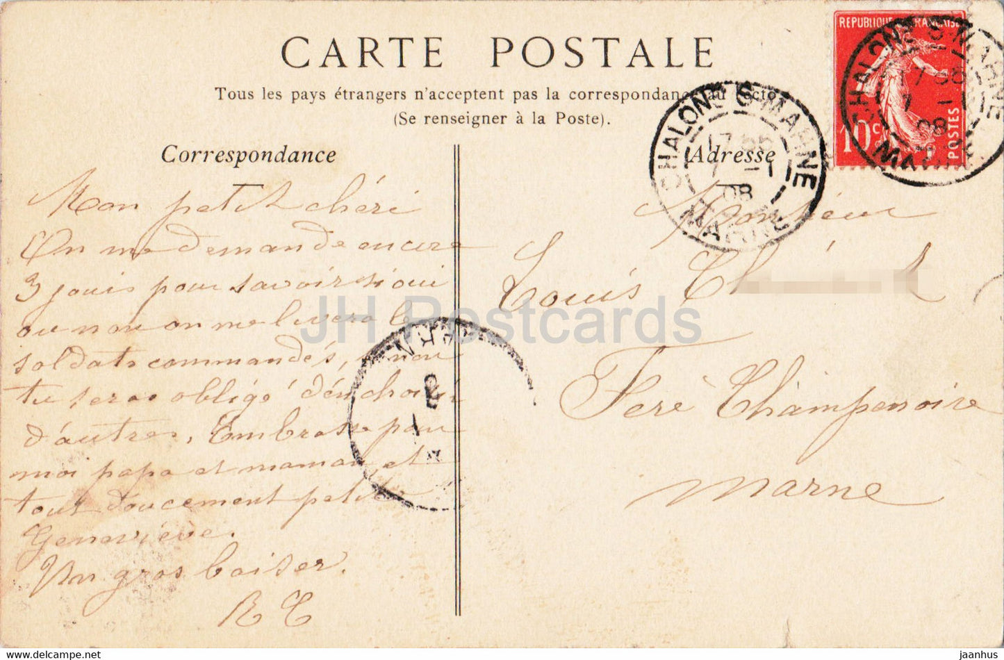 Chalons sur Marne - La Place de la Republique et la Fontaine - 62 - old postcard - 1908 - France - used