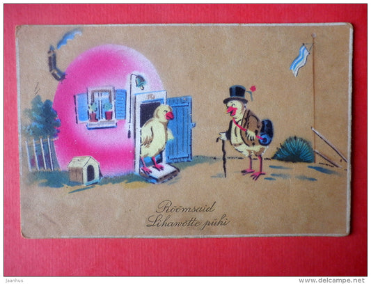 easter greeting card - egg house - chick - doghouse - RTK 520 - circulated in Estonia 1933 - JH Postcards