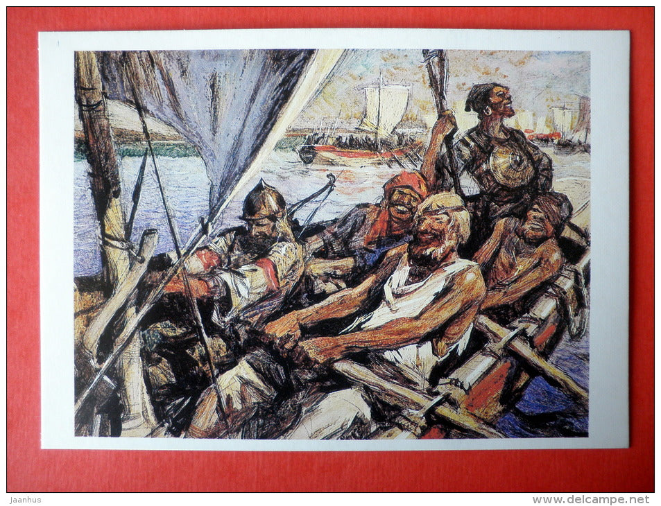 illustration by I. Ushakov - cossacks - sailing boat - warriors - Stepan Razin by S. Zlobin - 1989 - Russia - unused - JH Postcards