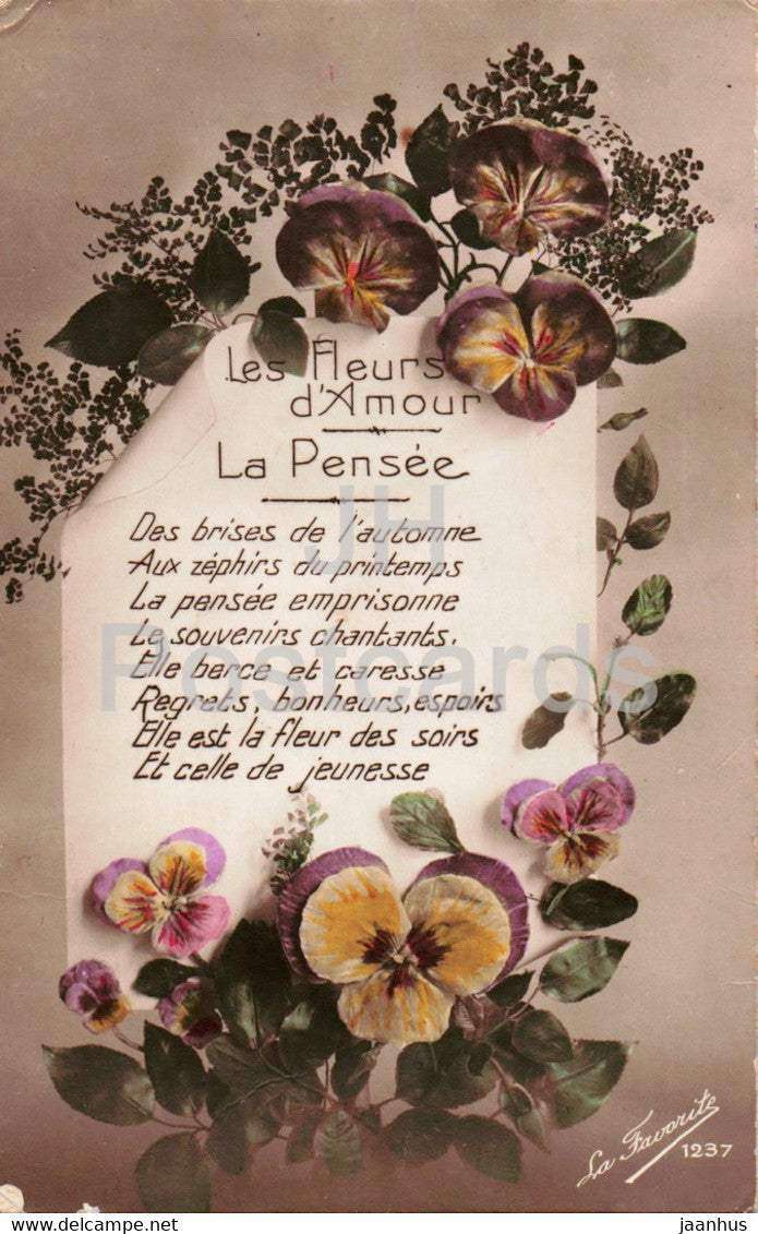 les fleurs d'amour - La Pensee - flowers - LA Favorite 1237 - old postcard - France - unused - JH Postcards