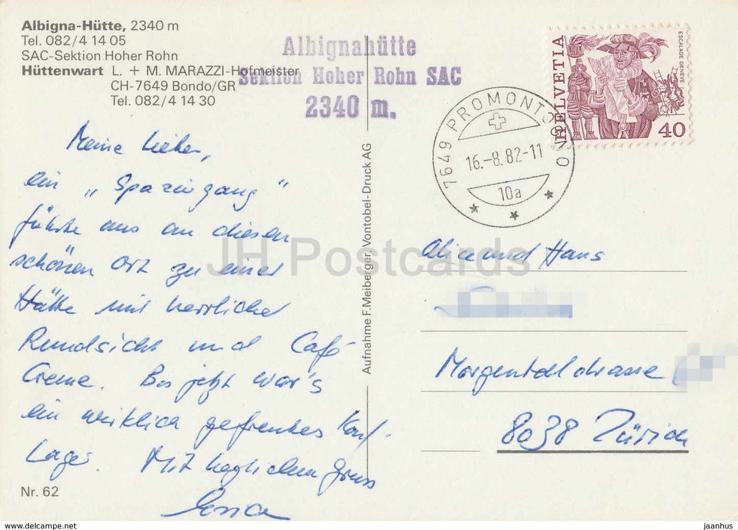 Albigna Hutte 2340 m - Huttenwart - 62 - 1982 - Suisse - occasion